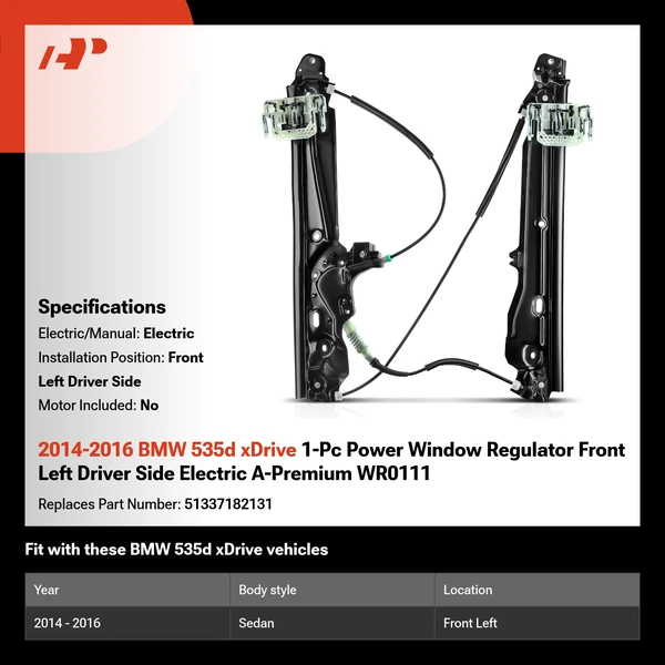 2014-2016 BMW 535d xDrive 1-Pc Power Window Regulator Front Left Driver Side Electric A-Premium WR0111