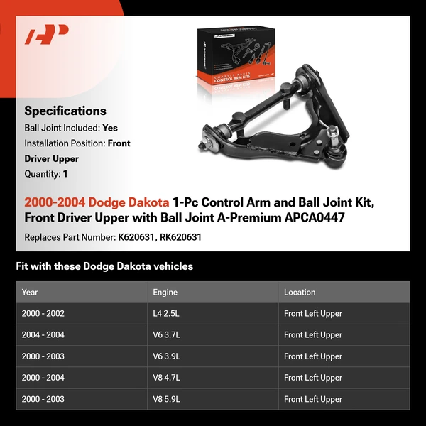 2000-2004 Dodge Dakota 1-Pc Control Arm and Ball Joint Kit, Front Driver Upper with Ball Joint A-Premium APCA0447