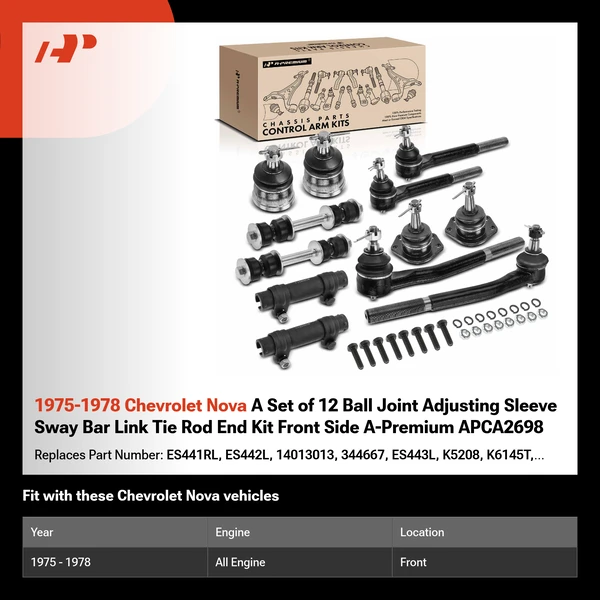 1975-1978 Chevrolet Nova A Set of 12 Ball Joint Adjusting Sleeve Sway Bar Link Tie Rod End Kit Front Side A-Premium APCA2698