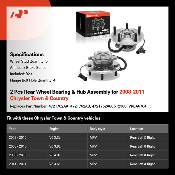 2 Pcs Rear Wheel Bearing & Hub Assembly for 2008-2011 Chrysler Town & Country