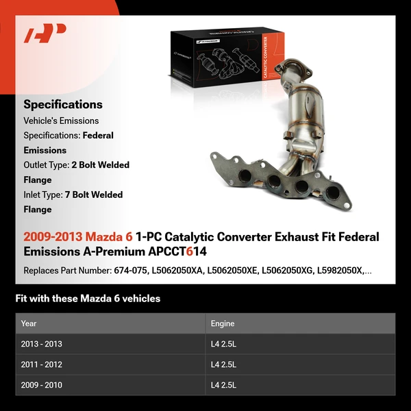 2009-2013 Mazda 6 1-PC Catalytic Converter Exhaust Fit Federal Emissions A-Premium APCCT614