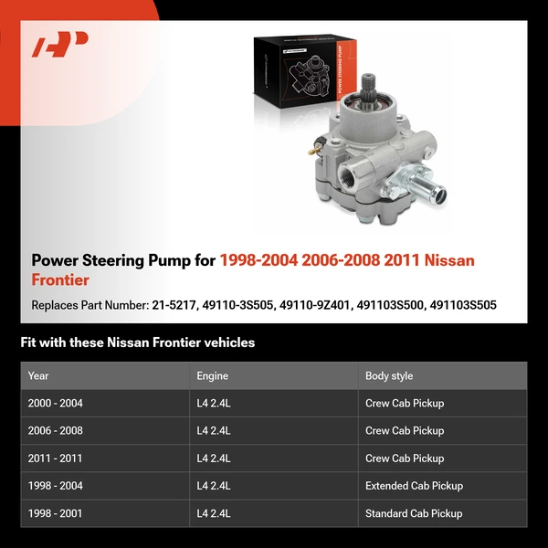 Power Steering Pump for 1998-2004 2006-2008 2011 Nissan Frontier