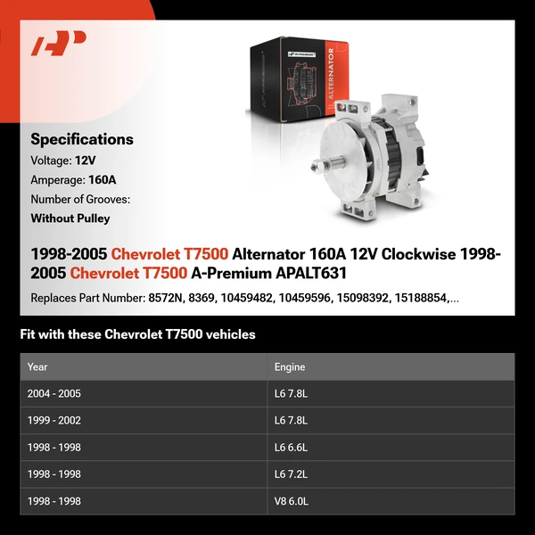 1998-2005 Chevrolet T7500 Alternator 160A 12V Clockwise 1998-2005 Chevrolet T7500 A-Premium APALT631