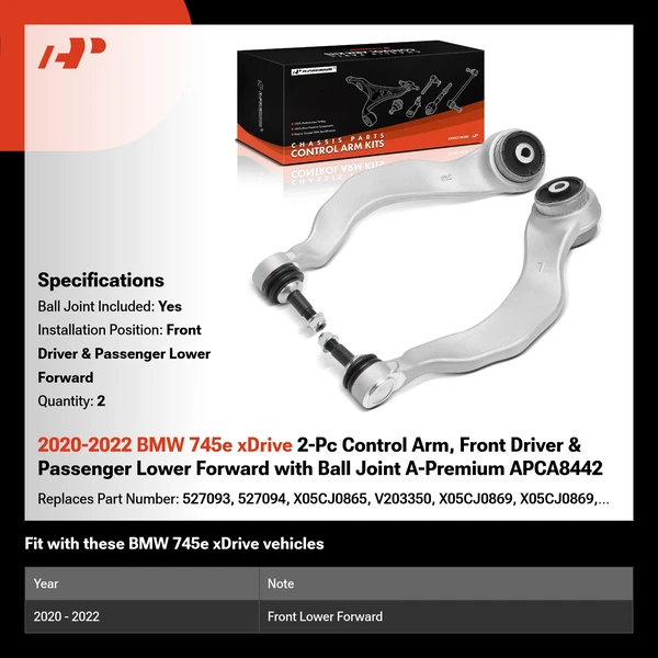2020-2022 BMW 745e xDrive 2-Pc Control Arm, Front Driver & Passenger Lower Forward with Ball Joint A-Premium APCA8442