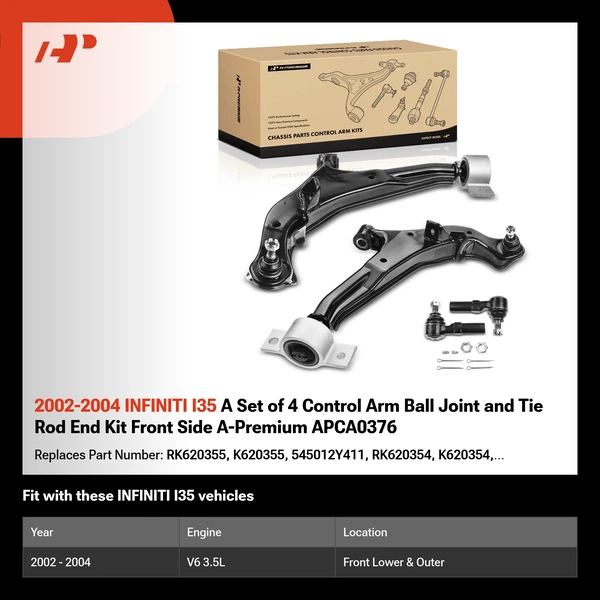 2002-2004 INFINITI I35 A Set of 4 Control Arm Ball Joint and Tie Rod End Kit Front Side A-Premium APCA0376