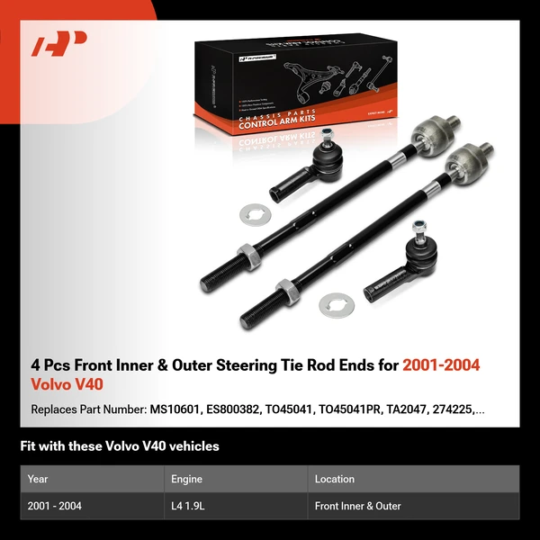 4 Pcs Front Inner & Outer Steering Tie Rod Ends for 2001-2004 Volvo V40