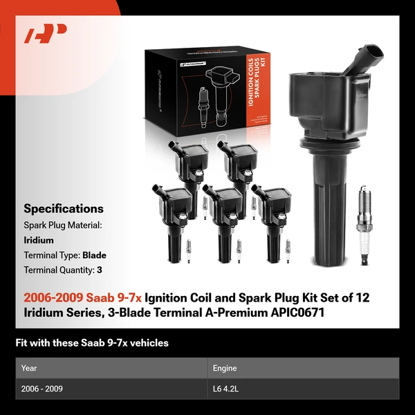 2006-2009 Saab 9-7x Ignition Coil and Spark Plug Kit Set of 12 Iridium Series, 3-Blade Terminal A-Premium APIC0671