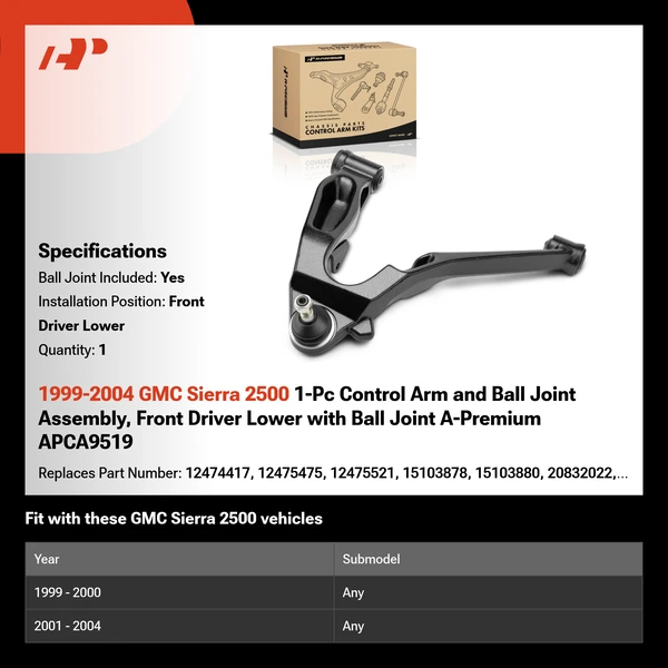1999-2004 GMC Sierra 2500 1-Pc Control Arm and Ball Joint Assembly, Front Driver Lower with Ball Joint A-Premium APCA9519