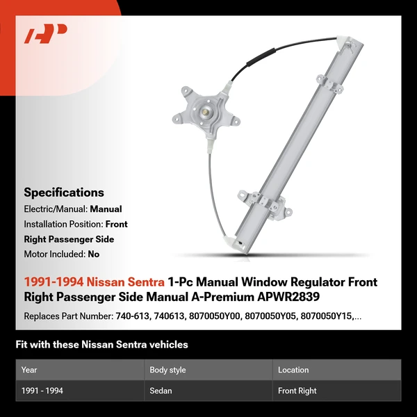 1991-1994 Nissan Sentra 1-Pc Manual Window Regulator Front Right Passenger Side Manual A-Premium APWR2839