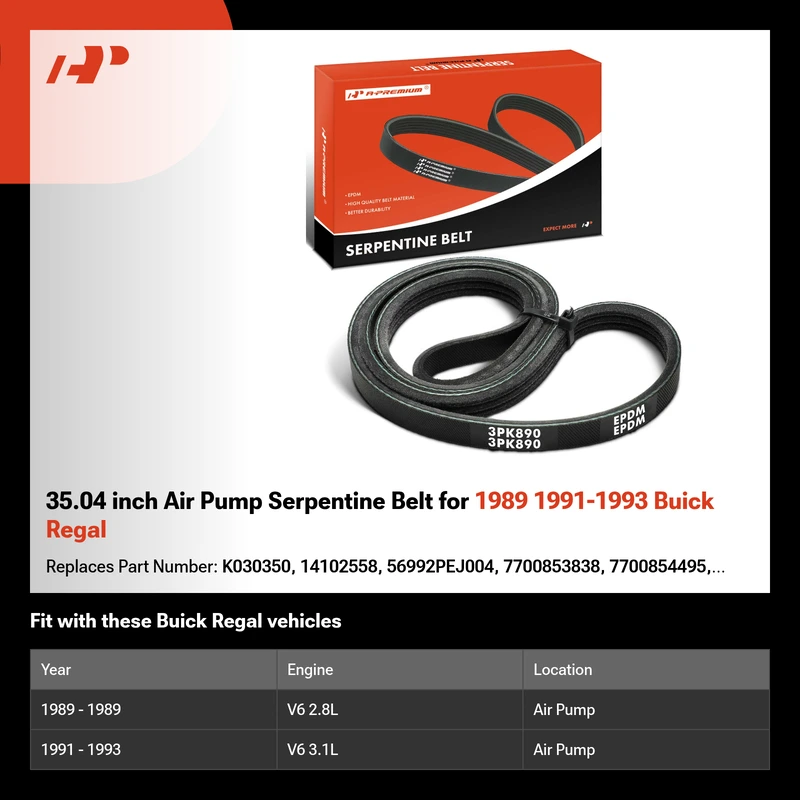 35.04 inch Air Pump Serpentine Belt for 1989 1991-1993 Buick Regal