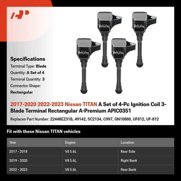 2017-2020 2022-2023 Nissan TITAN A Set of 4-Pc Ignition Coil 3-Blade Terminal Rectangular A-Premium APIC0351