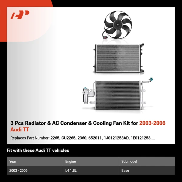 3 Pcs Radiator & AC Condenser & Cooling Fan Kit for 2003-2006 Audi TT