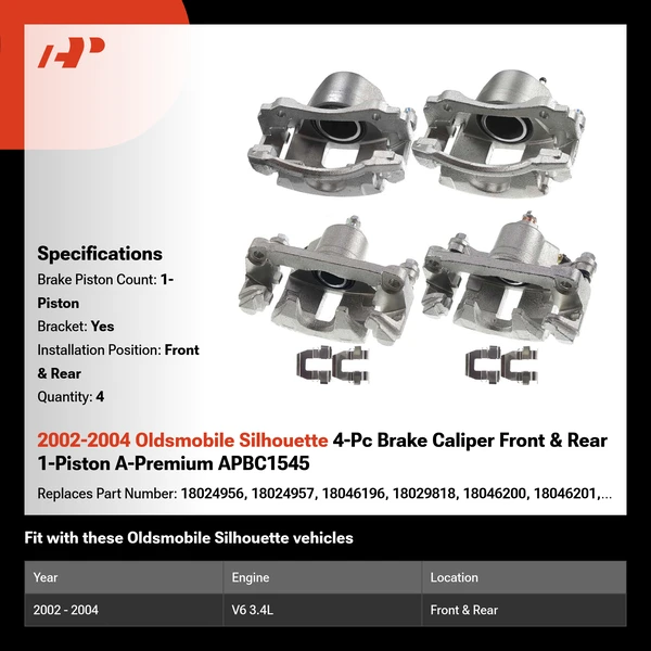 2002-2004 Oldsmobile Silhouette 4-Pc Brake Caliper Front & Rear 1-Piston A-Premium APBC1545