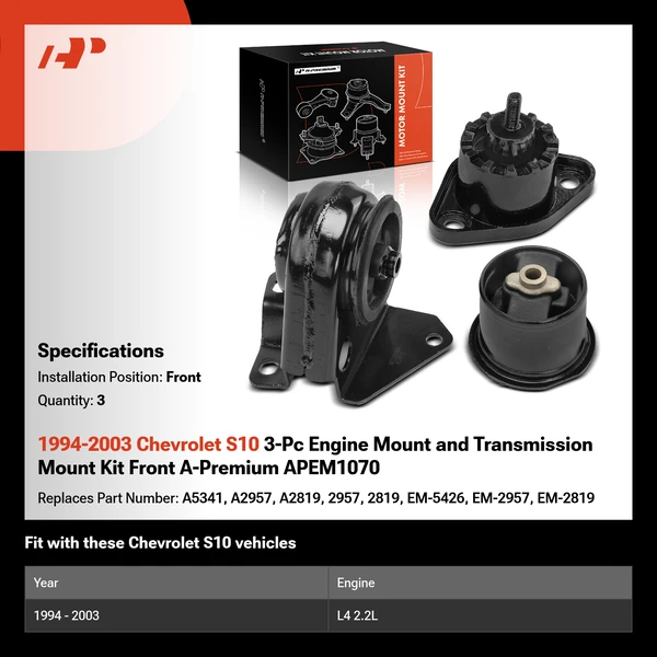 1994-2003 Chevrolet S10 3-Pc Engine Mount and Transmission Mount Kit Front A-Premium APEM1070