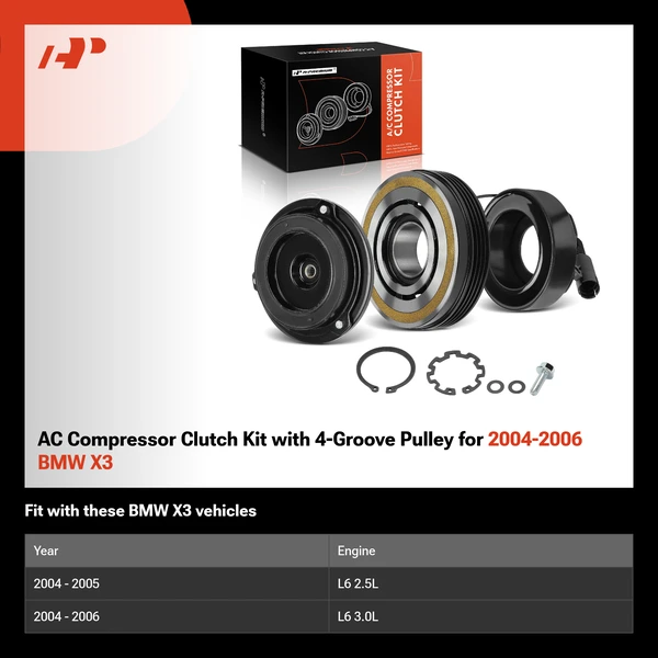 AC Compressor Clutch Kit with 4-Groove Pulley for 2004-2006 BMW X3