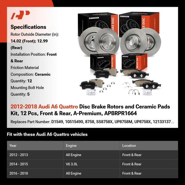 2012-2018 Audi A6 Quattro Disc Brake Rotors and Ceramic Pads Kit, 12 Pcs, Front & Rear, A-Premium, APBRPR1664