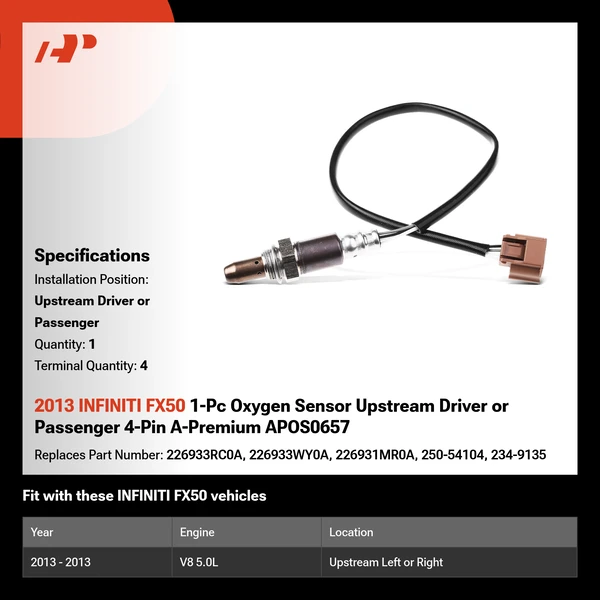 2013 INFINITI FX50 1-Pc Oxygen Sensor Upstream Driver or Passenger 4-Pin A-Premium APOS0657