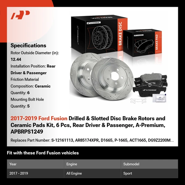 2017-2019 Ford Fusion Drilled & Slotted Disc Brake Rotors and Ceramic Pads Kit, 6 Pcs, Rear Driver & Passenger, A-Premium, APBRPS1249