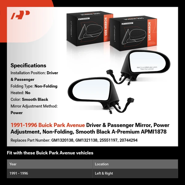 1991-1996 Buick Park Avenue Driver & Passenger Mirror, Power Adjustment, Non-Folding, Smooth Black A-Premium APMI1878