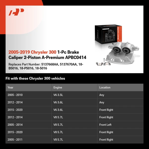 2005-2019 Chrysler 300 1-Pc Brake Caliper 2-Piston A-Premium APBC0414