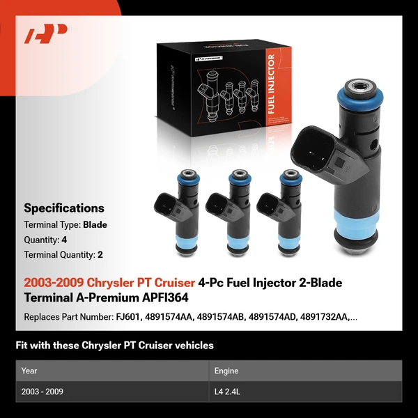 2003-2009 Chrysler PT Cruiser 4-Pc Fuel Injector 2-Blade Terminal A-Premium APFI364