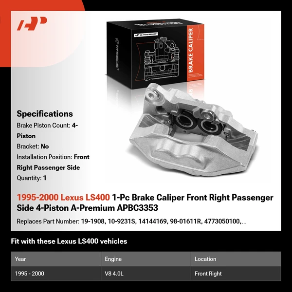 1995-2000 Lexus LS400 1-Pc Brake Caliper Front Right Passenger Side 4-Piston A-Premium APBC3353