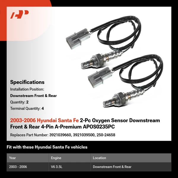 2003-2006 Hyundai Santa Fe 2-Pc Oxygen Sensor Downstream Front & Rear 4-Pin A-Premium APOS0235PC