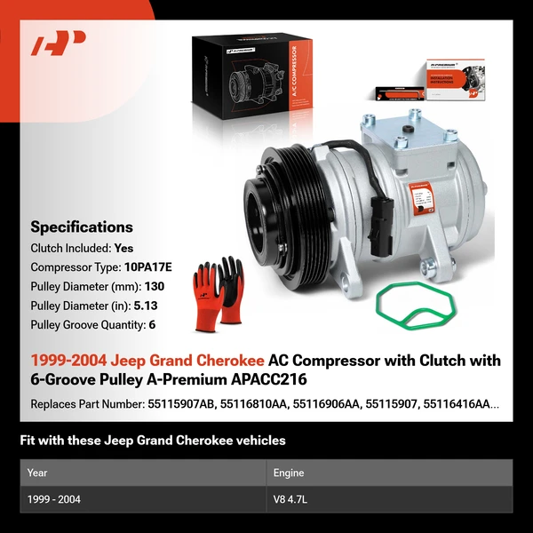 1999-2004 Jeep Grand Cherokee AC Compressor with Clutch with 6-Groove Pulley A-Premium APACC216