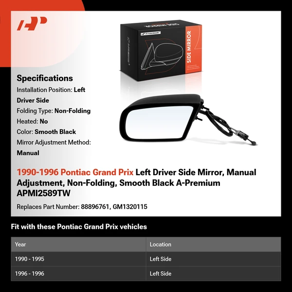 1990-1996 Pontiac Grand Prix Left Driver Side Mirror, Manual Adjustment, Non-Folding, Smooth Black A-Premium APMI2589TW