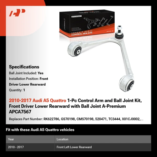 2010-2017 Audi A5 Quattro 1-Pc Control Arm and Ball Joint Kit, Front Driver Lower Rearward with Ball Joint A-Premium APCA7567