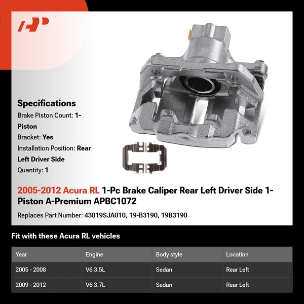 2005-2012 Acura RL 1-Pc Brake Caliper Rear Left Driver Side 1-Piston A-Premium APBC1072