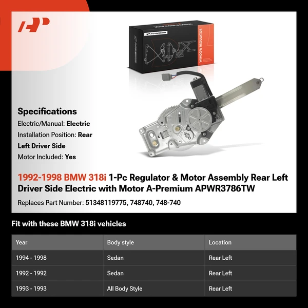 1992-1998 BMW 318i 1-Pc Regulator & Motor Assembly Rear Left Driver Side Electric with Motor A-Premium APWR3786TW