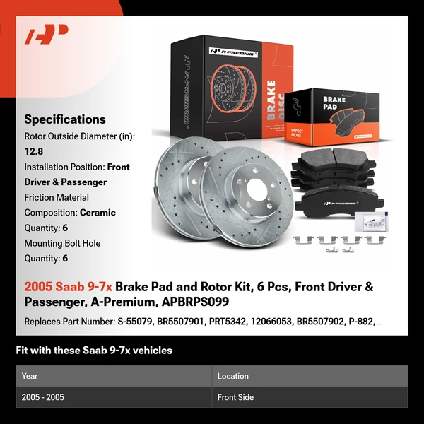 2005 Saab 9-7x Brake Pad and Rotor Kit, 6 Pcs, Front Driver & Passenger, A-Premium, APBRPS099