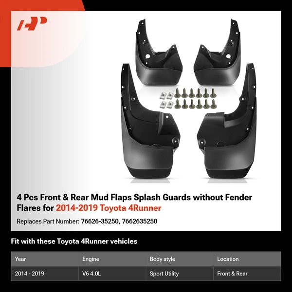 4 Pcs Front & Rear Mud Flaps Splash Guards without Fender Flares for 2014-2019 Toyota 4Runner