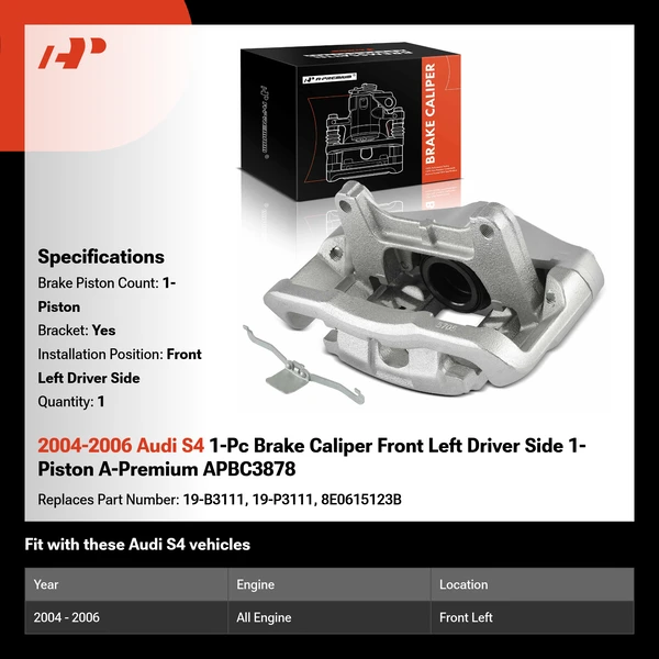 2004-2006 Audi S4 1-Pc Brake Caliper Front Left Driver Side 1-Piston A-Premium APBC3878