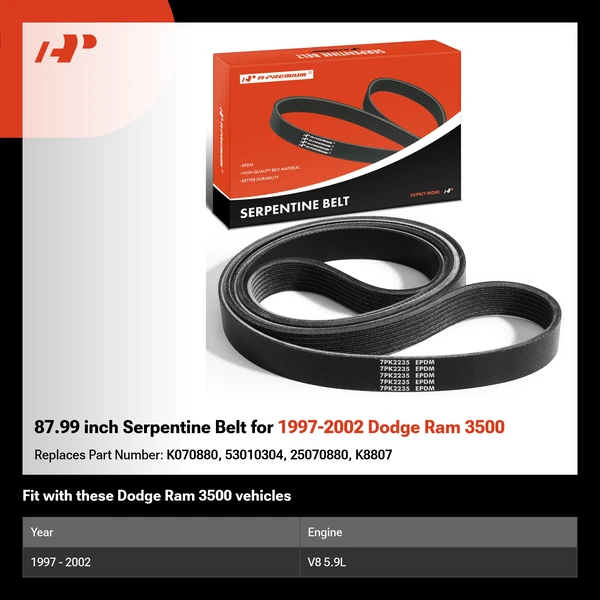 87.99 inch Serpentine Belt for 1997-2002 Dodge Ram 3500