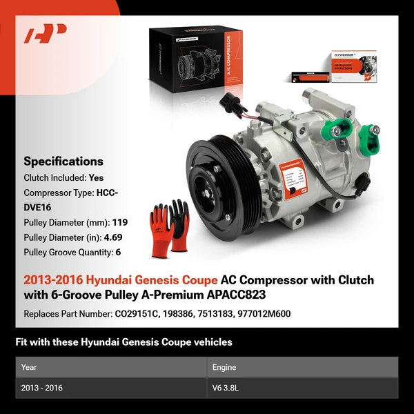 2013-2016 Hyundai Genesis Coupe AC Compressor with Clutch with 6-Groove Pulley A-Premium APACC823