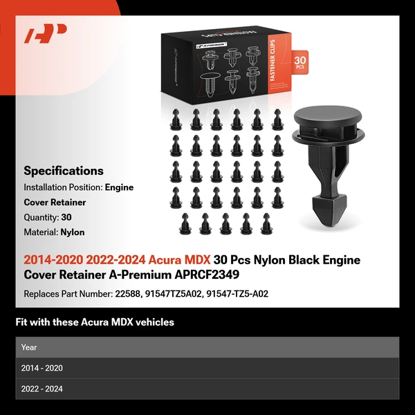 2014-2020 2022-2024 Acura MDX 30 Pcs Nylon Black Engine Cover Retainer A-Premium APRCF2349
