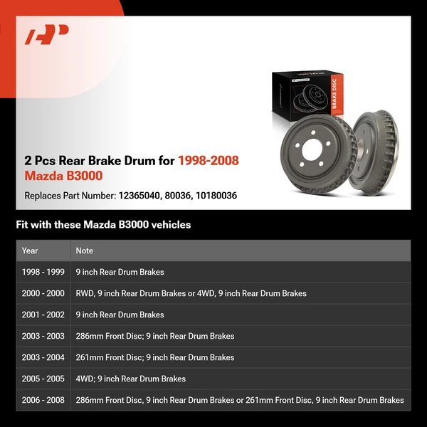 2 Pcs Rear Brake Drum for 1998-2008 Mazda B3000