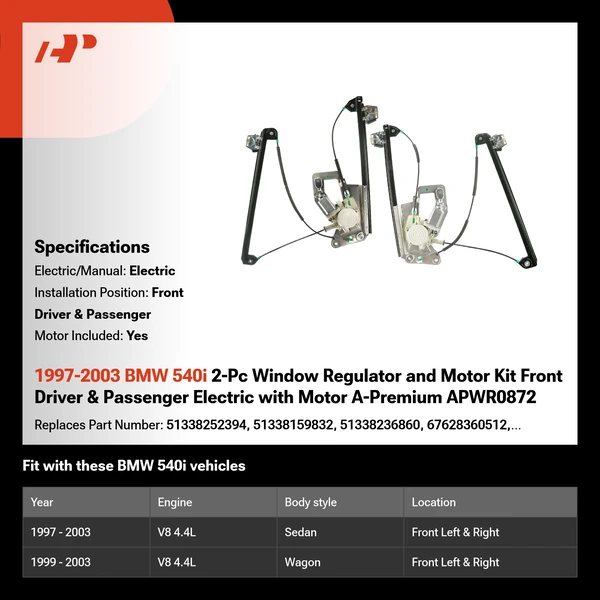 1997-2003 BMW 540i 2-Pc Window Regulator and Motor Kit Front Driver & Passenger Electric with Motor A-Premium APWR0872