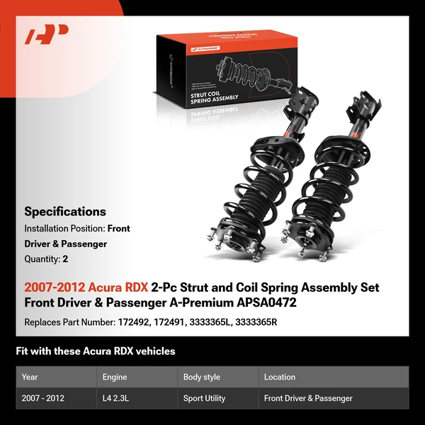 2007-2012 Acura RDX 2-Pc Strut and Coil Spring Assembly Set Front Driver & Passenger A-Premium APSA0472