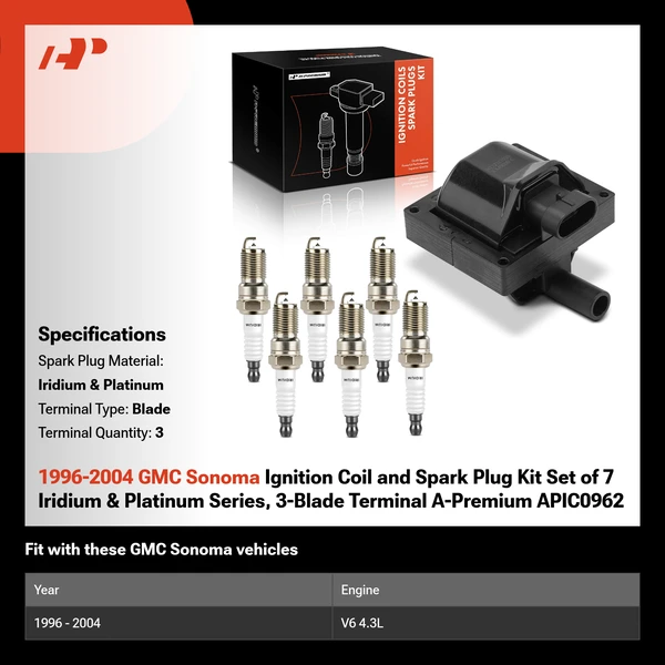 1996-2004 GMC Sonoma Ignition Coil and Spark Plug Kit Set of 7 Iridium & Platinum Series, 3-Blade Terminal A-Premium APIC0962