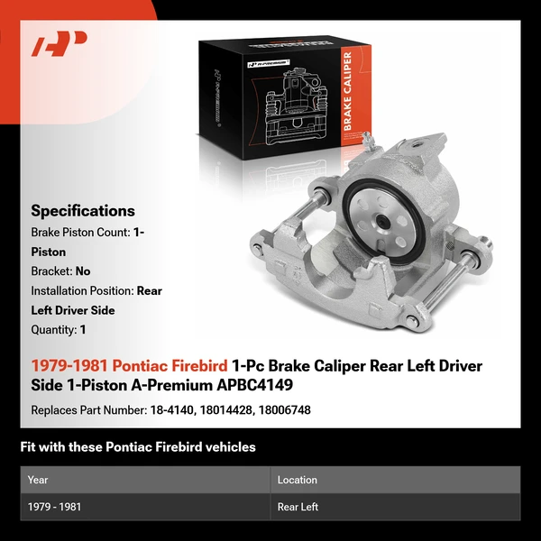 1979-1981 Pontiac Firebird 1-Pc Brake Caliper Rear Left Driver Side 1-Piston A-Premium APBC4149