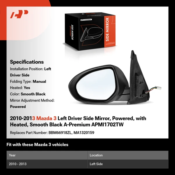 2010-2013 Mazda 3 Left Driver Side Mirror, Powered, with Heated, Smooth Black A-Premium APMI1702TW