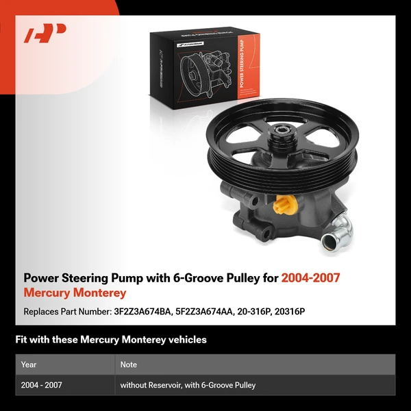 Power Steering Pump with 6-Groove Pulley for 2004-2007 Mercury Monterey