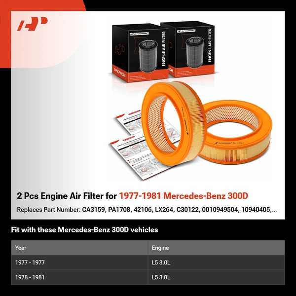 2 Pcs Engine Air Filter for 1977-1981 Mercedes-Benz 300D