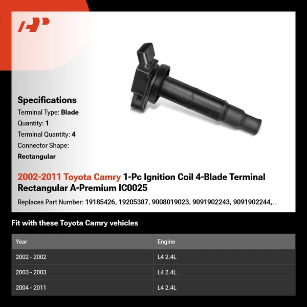 2002-2011 Toyota Camry 1-Pc Ignition Coil 4-Blade Terminal Rectangular A-Premium IC0025