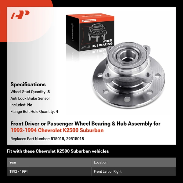 Front Driver or Passenger Wheel Bearing & Hub Assembly for 1992-1994 Chevrolet K2500 Suburban