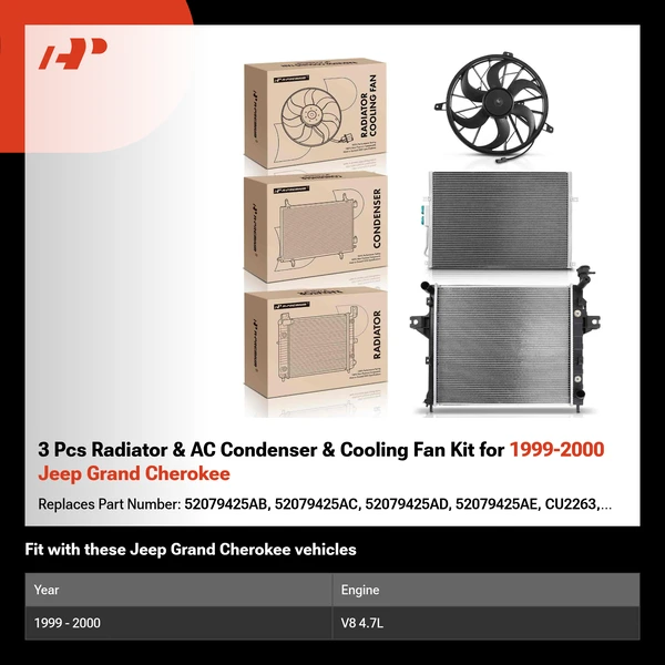 3 Pcs Radiator & AC Condenser & Cooling Fan Kit for 1999-2000 Jeep Grand Cherokee