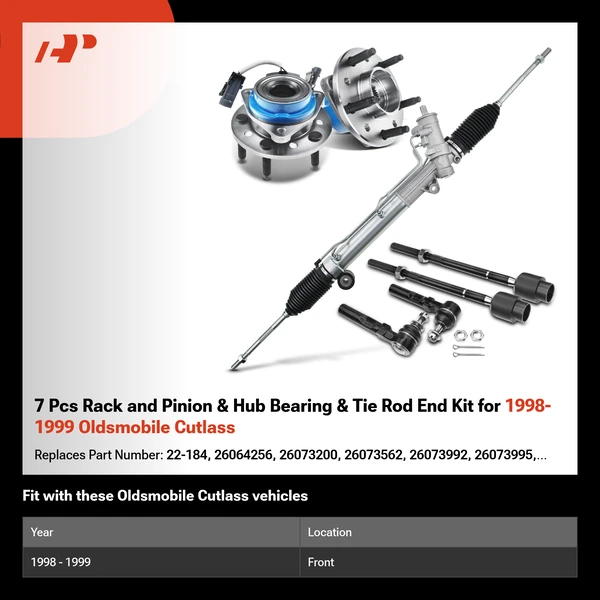 7 Pcs Rack and Pinion & Hub Bearing & Tie Rod End Kit for 1998-1999 Oldsmobile Cutlass